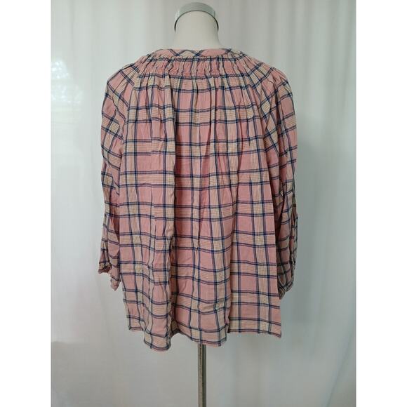 GAP Plaid Gathered Blouse Puff Sleeve Pink Blue White Button Front Top Large - Picture 2 of 12
